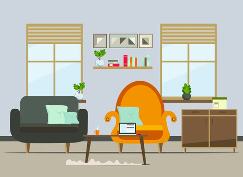 living room interior with furniture  (sofa, window, table, shelves with books and home flowers, floor lamp). flat cartoon vector illustration