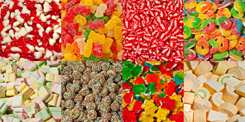 Texture of yellow, red and green candies. Sweets on a pile close up. Sweets shop window.
