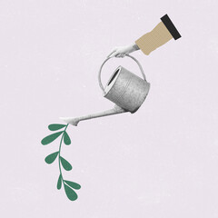 Contemporary art collage of human hand wotering plant with watering can. Ecology concept © Lustre Art Group 