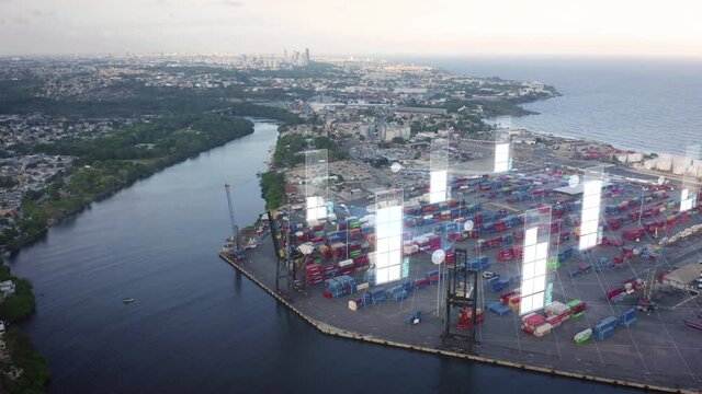 Transshipment Port With Container Levels And Data Pop Up - 3d Render Animation