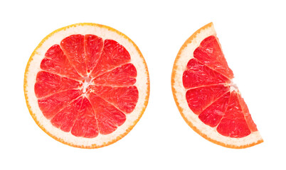 Grapefruit slice isolated. Fresh pink grapefruit slices on white. Circle and half. Flat lay. Top view.