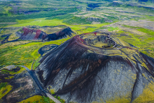Aerial panoramic views of Grabrok volcano and lava valley from in Iceland