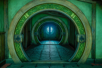 3D rendering of a medieval fantasy house hallway with round arches. - obrazy, fototapety, plakaty