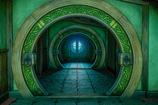 3D rendering of a medieval fantasy house hallway with round arches.