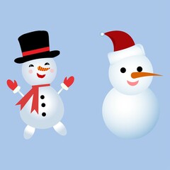 Christmas element design with two snowmen. Cute winter snowmen design with smiling face, carrot nose, neck muffler, gloves, snow hat, and buttons. Snowman vector design on a blue background.
