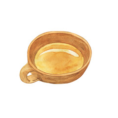 Clay cup or mug top view isolated on white background. Watercolor hand drawing illustration. Brown tableware element for design.