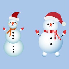 Christmas element design with two happy snowmen. Winter snowmen design with smiling face, legs, neck muffler, tree branch, gloves, snow hat, and buttons. Cute snowman vector design on blue background.