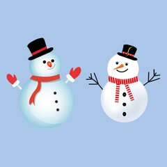 Christmas element design with two happy snowmen. Winter snowmen design with neck muffler, tree branch, carrot nose, gloves, hat, and buttons. Cute snowman vector design on a blue background.