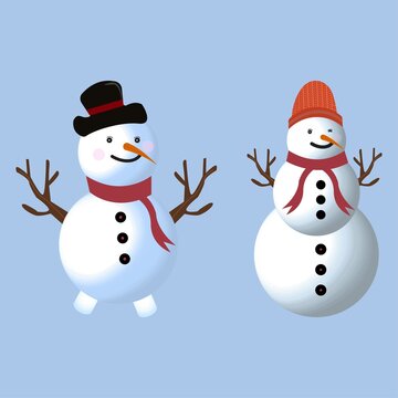 Christmas element design with two happy snowmen. Winter snowmen design with legs, neck muffler, tree branch, carrot nose, gloves, hat, and buttons. Cute snowman vector design on a blue background.