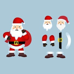 Christmas Santa Claus vector design on a rusty light blue background. Santa Claus design elements with a huge sack of Christmas gifts. Happy Santa Clause flat element design.