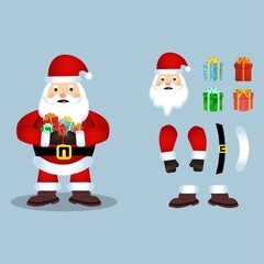 Christmas Santa Claus vector design on a rusty light blue background. Santa Claus design elements with a lot of Christmas gifts. Beautiful Santa Clause flat element design.