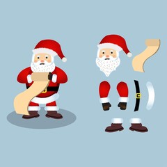 Christmas Santa Claus vector design on a rusty light blue background. Santa Claus design elements with a long list of Christmas gifts. Happy Santa Clause flat element design.