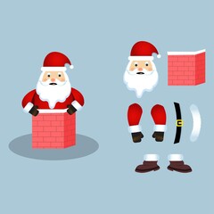 Christmas Santa Claus vector design on a rusty light blue background. Santa Claus elements design with a house chimney. A Santa Clause trying to get inside a house through a chimney.