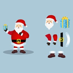 Christmas Santa Claus vector design on a rusty light blue background. Santa Claus elements design with a blue color gift. A Santa Clause vector illustration for the Christmas event.