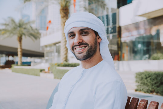 Beautiful middle eastern man wearing kandora traditional outfit in Dubai. Portraits in the emirates