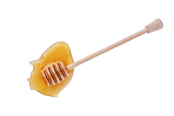 Honey and  wooden honey dipper isolated on white background top view. Organic honey.