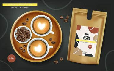 Coffee beans in a bag vector realistic. Product placment coffee cup foam top view