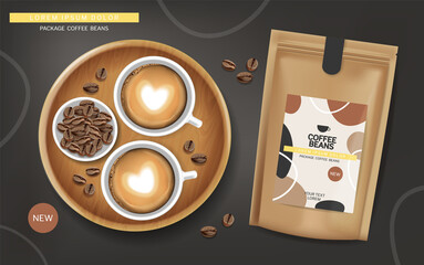 Coffee beans in a bag vector realistic. Product placment coffee cup foam top views