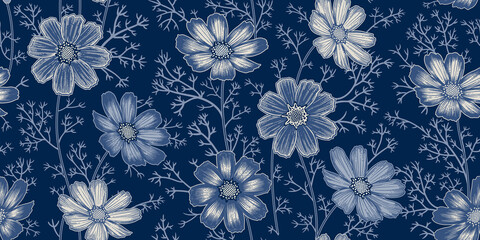 Seamless spring floral pattern. Garden flowers cosmos. Vintage vector.