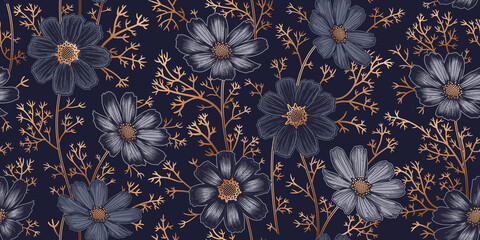 Seamless spring floral pattern. Garden flowers chamomile. Vintage vector. - obrazy, fototapety, plakaty
