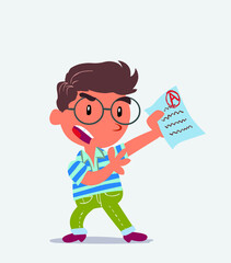 cartoon character of little boy on jeans arguing effusively with exam in hand.