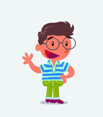 cartoon character of little boy on jeans waving happily.