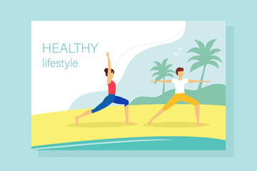 Landing page template illustration. Healthy lifestyle concept. Couple man and woman doing yoga on the beach.