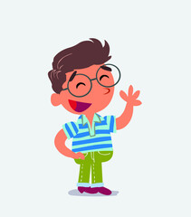 cartoon character of little boy on jeans waving informally while smiling.