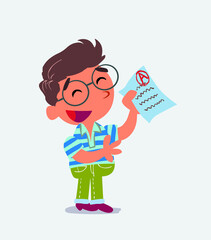 happy cartoon character of little boy on jeans explaining something with exam in hand.