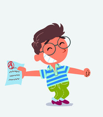 happy cartoon character of little boy on jeans rejoices with exam in hand.