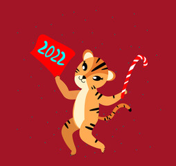 Christmas,Happy New Year Greeting Card.Cute Tiger with 2022 Flag and Sweet Candy Cane Lollipop.Winter Holidays Congratulation.Cat 2022 Symbol.Winter Atmosphere.Calendar,Cards,Advertising Illustration