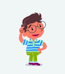Thoughtful cartoon character of little boy on jeans scratching his head.