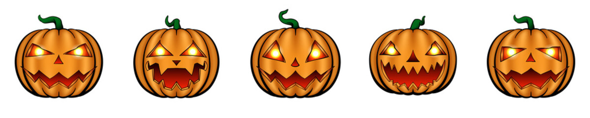 Cartoon halloween pumpkins, Spooky Jack O' Lantern isolated on white.