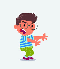 Very angry cartoon character of little boy on jeans pointing at something at side.