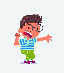 Very angry cartoon character of little boy on jeans pointing at something.