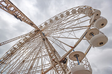 Wide angle view of the big wheel on the central pier at Blackpool Lancashire England