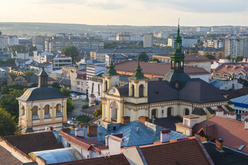 View to historic center and Roman Catholic Church of Virgin Mary from City Hall building. Ivano-Frankivsk, Ukraine