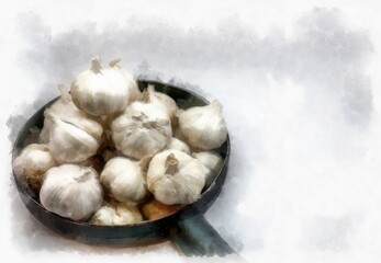 garlic in a pan white background watercolor style illustration impressionist painting.