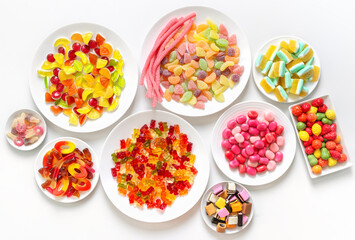 Many different jelly candies on plates on a white background. Top view.