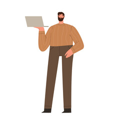 Young man in casual outfit holding laptop computer standing isolated on white background. Smiling programmer or businessman working. Cartoon flat vector illustration.