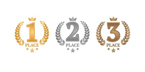 Vector set of emblems for awards. First, second, third places. Gold, silver, bronze awards. Awards with branches, crown, number and stars. - obrazy, fototapety, plakaty
