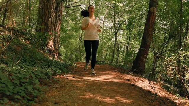 Sporty woman in sports clothes is jogging at forest path. Slow motion. Low angle. Pan shot. The concept of a cardio training.