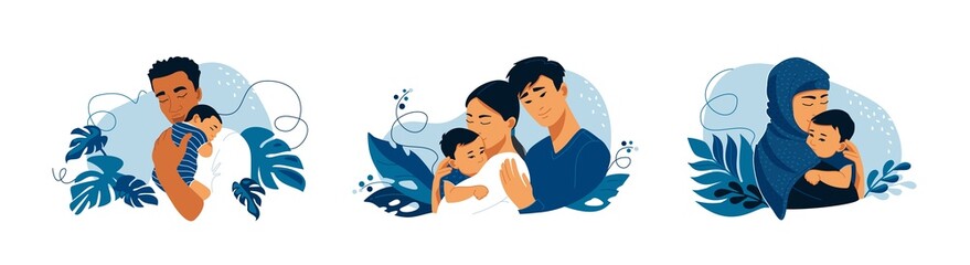 Young asian family with newborn baby. Family Day postcard template. Horizontal vector banner isolated on white background.