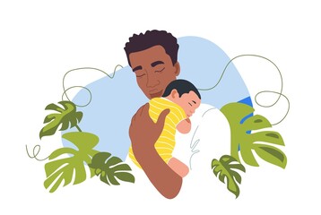 Newborn baby with the father. African families. Fathers Day postcard template. Horizontal vector banner isolated on white background.