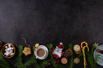Dark background with copy space and christmas decor