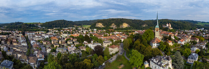 Aerial view of the old town of the city Burgdorf in Switzerland on a late afternoon in summer.
