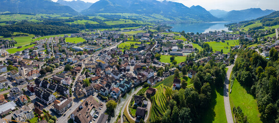 Aerial view around the old town of the city Sarnen in Switzerland on a sunny day in summer.