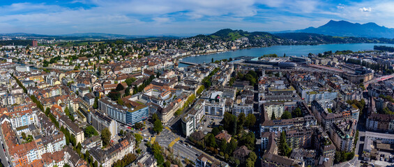 Aerial view around the old town of the city Lucerne in Switzerland on a sunny day in summer.
