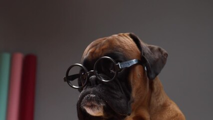 Close up shot on boxer dog barking and wearing black eyeglasses.