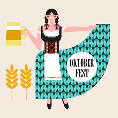 Oktoberfest. A German girl in a national costume with a beer mug. Vector illustration. Beer festival.